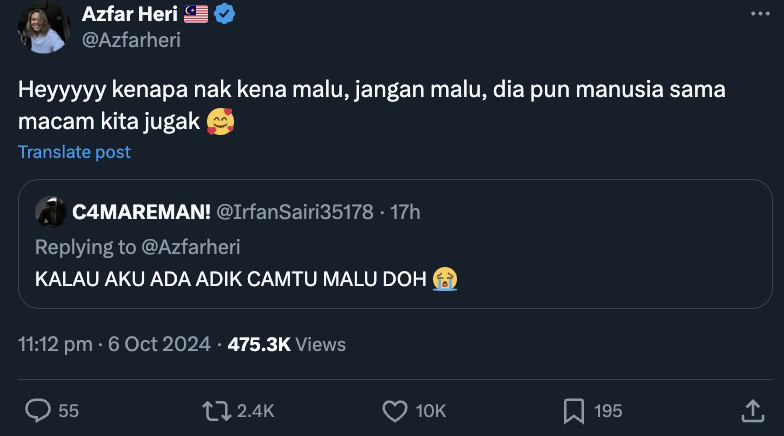 Azfar Heri balas komen netizen